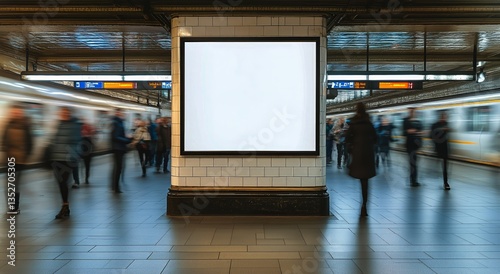 Busy Subway Station With Empty Advertising Space During Rush Hour in an Urban...