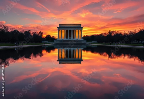 Reflective pool mirroring Lincoln Memorial at sunset, stillness, still