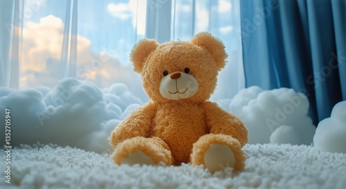 Soft Teddy Bear Sits on Plush Carpet in Brightly Lit Nursery With Large Windows