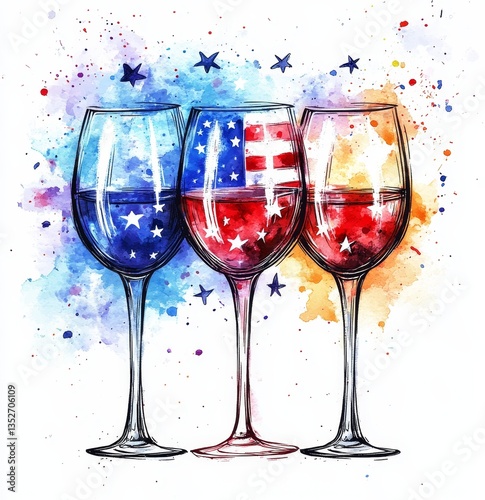 Festive Watercolor Wine Glasses: Patriotic American Flag Style for Vibrant 4th of July Celebration Decor