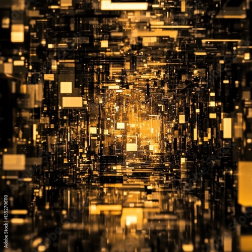 A futuristic tunnel of illuminated geometric shapes reflecting in darkness