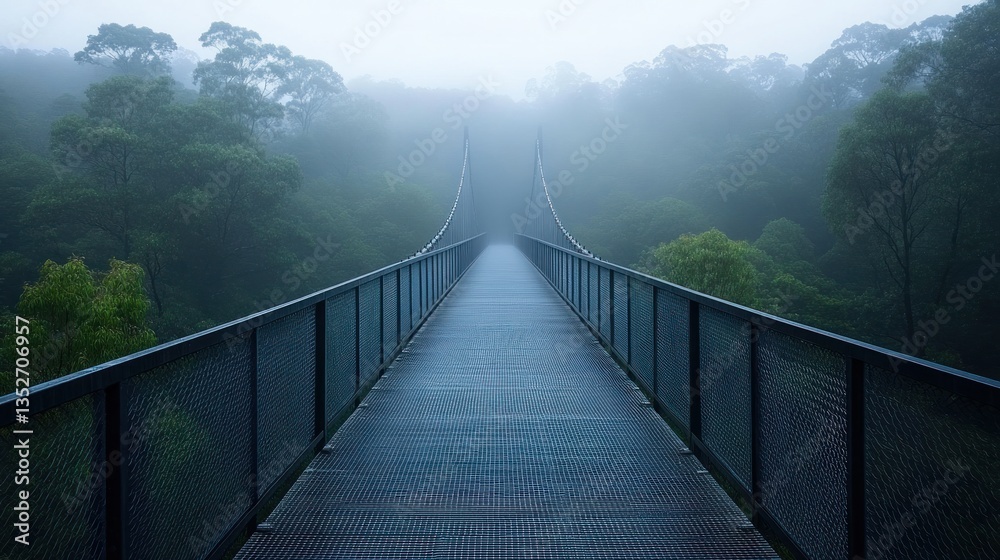 Obraz premium Misty suspension bridge through a lush forest