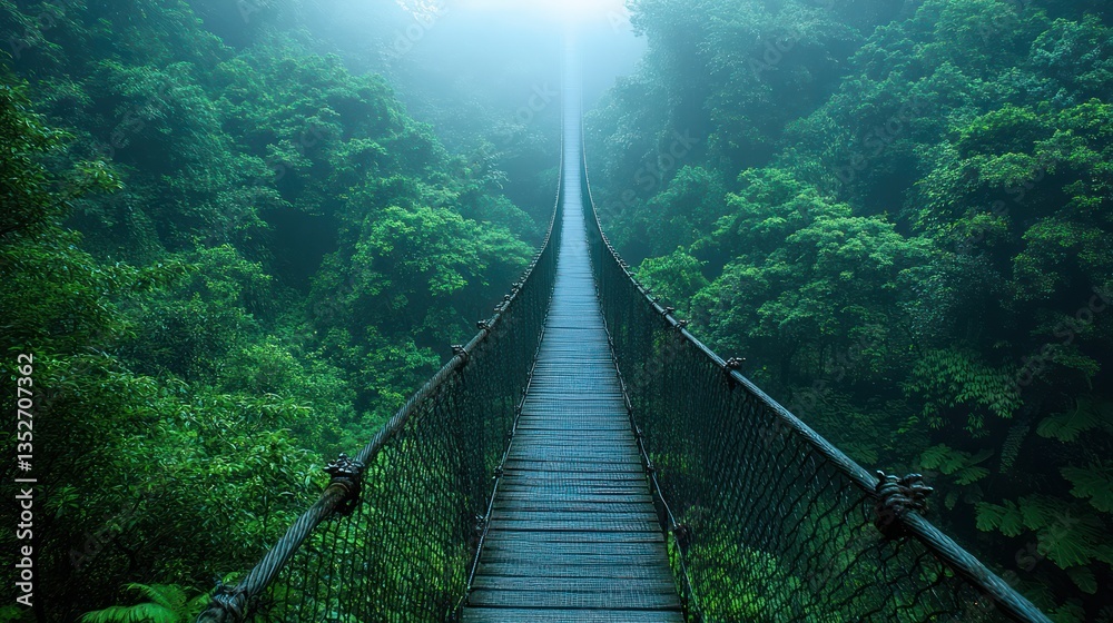 Obraz premium Misty jungle suspension bridge