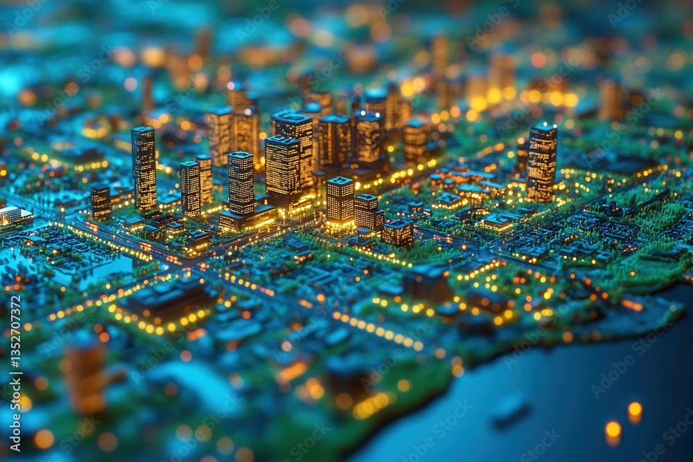 Obraz premium Nighttime cityscape showcasing illuminated buildings and vibrant streets in a bustling metropolis with a river view