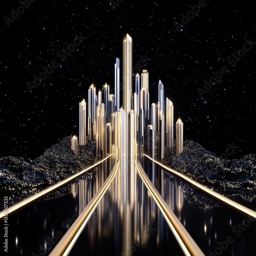 An illuminated cityscape with starry night sky reflection and pathways