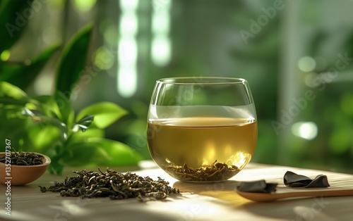 Herbal Tea Preparation in a Serene Botanical Setting With Natural Light