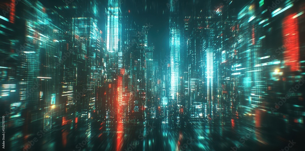 Obraz premium Futuristic cityscape with glowing lights and skyscrapers at night