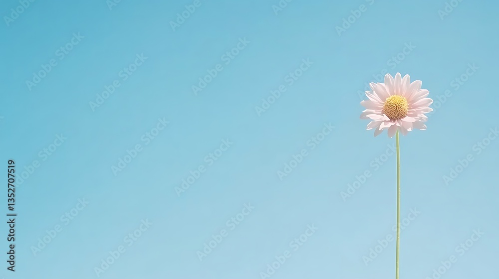 A single delicate daisy stands gracefully against the blue sky background A single delicate daisy stands gracefully against the blue sky background