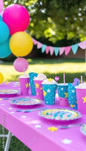Whimsical outdoor birthday party with colorful balloons, pastel decorations, and fun star-themed cups.