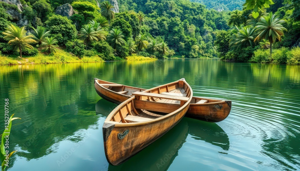 Rustic wooden canoe floats serenely on a calm river, surrounded by lush greenery, rustic, scenic Rustic wooden canoe floats serenely on a calm river, surrounded by lush greenery, rustic, scenic