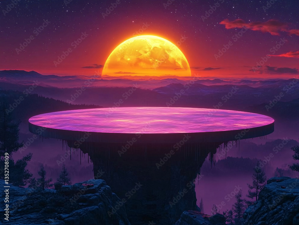 a fantastical scene with a large, glowing pink platform suspended in the air, set against a backdrop of a setting or rising sun with a reddish hue, casting a warm light over the distant mountains a fantastical scene with a large, glowing pink platform suspended in the air, set against a backdrop of a setting or rising sun with a reddish hue, casting a warm light over the distant mountains