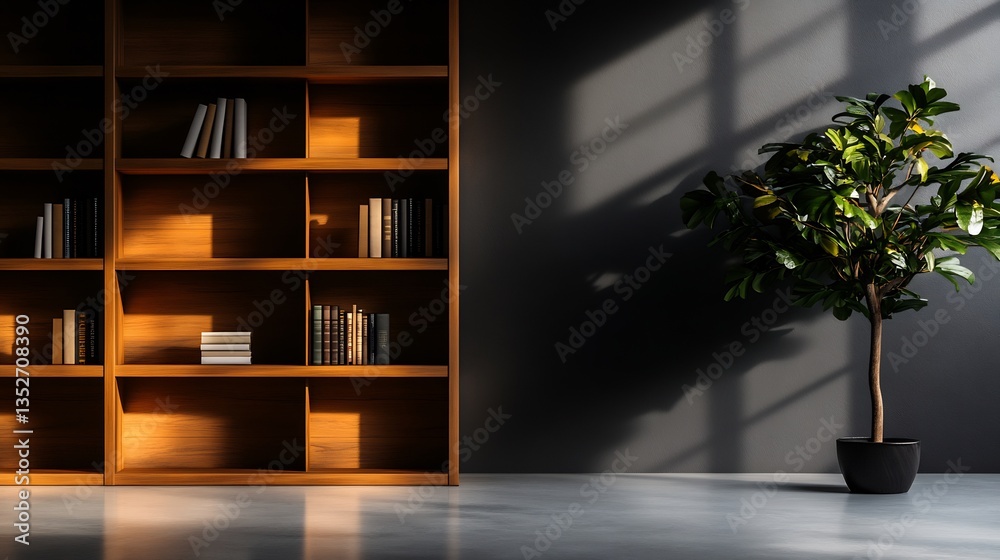 Fototapeta premium Contemporary Interior Featuring a Wooden Bookcase and Potted Plant against a Gray Wall
