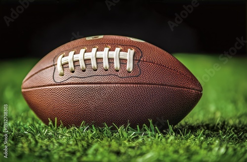 Football Resting on Artificial Turf in a Sports Stadium at Night