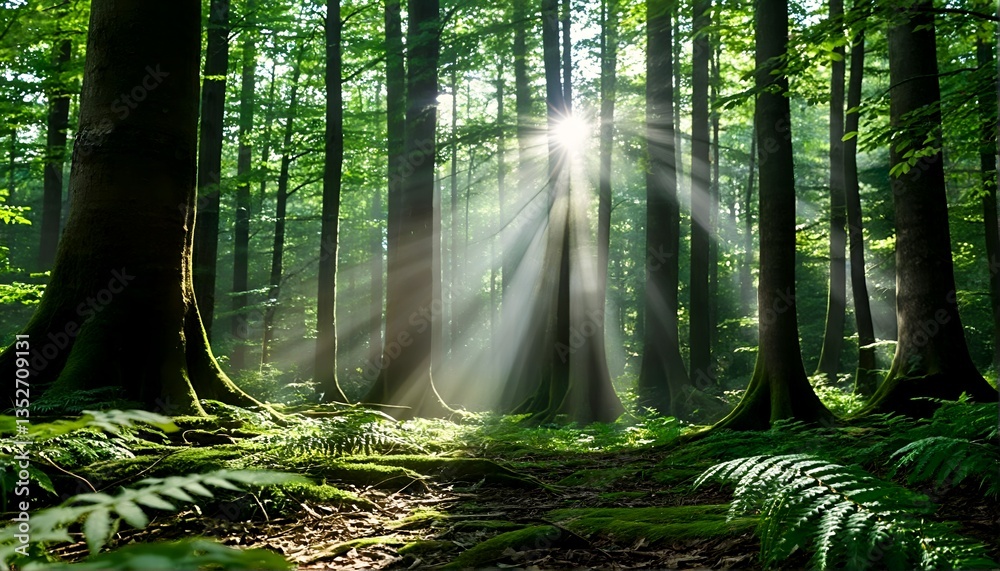 Naklejka premium sun rays shining through trees in a forest.
