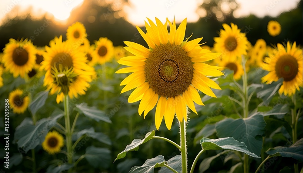 Fototapeta premium Sunflowers in a field at sunset.