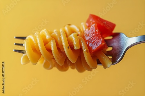 Twirled Pasta and Fresh Tomato on Fork Against Bright Yellow Background