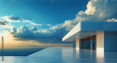 Stunning Modern Terrace Overlooking City Skyline at Sunset With Clear Skies a...