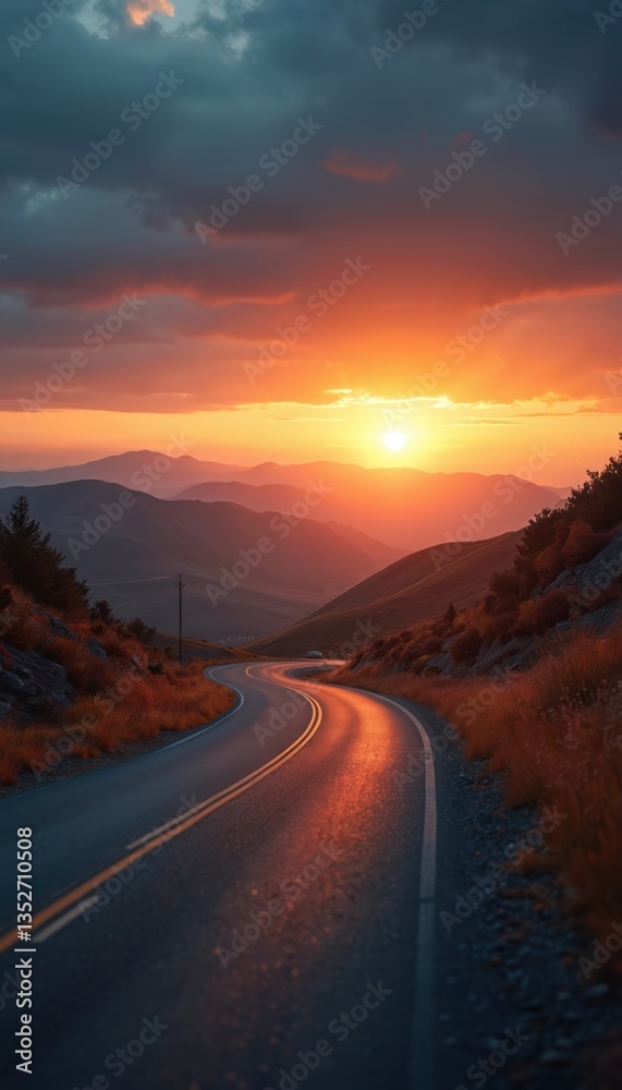 Fototapeta premium Winding road stretches towards vibrant sunset over rolling hills. Beauty of nature, travel concept. Pathway leads to golden sun, scenic landscape. Journey, freedom, adventure.