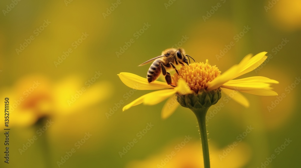 Bee on bright yellow flower pollinating Bee on bright yellow flower pollinating