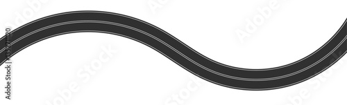 Aerial top view of winding road with curved highway paths, street map elements, asphalt texture, and bike or car track for travel journey. Flat vector illustration isolated on white background.
