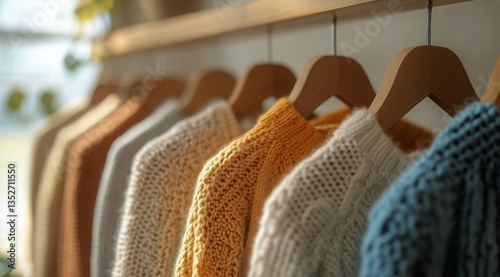 Colorful Knitted Sweaters Arranged on Hangers in a Cozy Interior Setting for ...