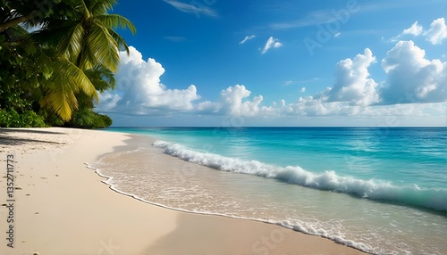 A serene and picturesque beach scene with crystal-clear water and lush greenery.