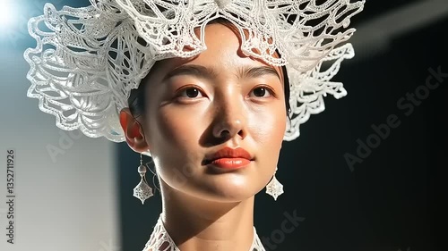3D Printed Fashion: A Model Showcases Intricate Lace Headpiece and Neckpiece