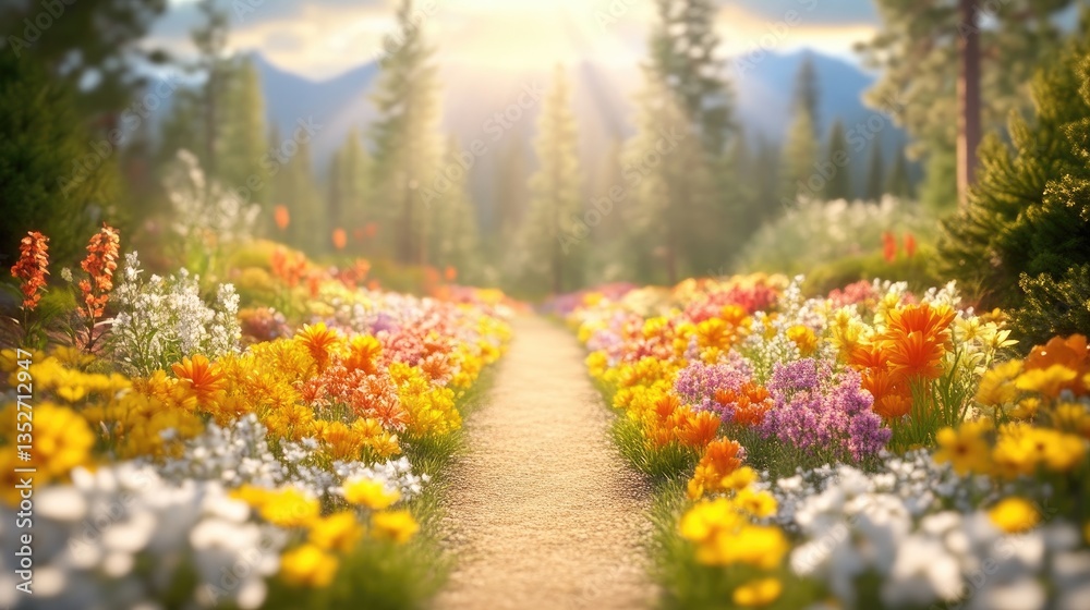 Obraz premium A scenic dirt path winds through a vibrant meadow filled with colorful wildflowers under warm sunlight and distant mountains.
