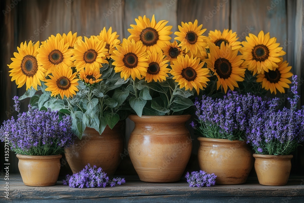 custom made wallpaper toronto digitalBright sunflowers and lavender in terracotta pots create a cheerful display on a rustic wooden shelf