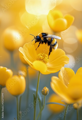 Bumblebee Gathering Nectar From Vibrant Yellow Flowers in a Bright Garden Set...