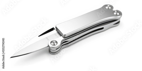 Sleek, silver multitool with prominent knife blade, isolated on white, macro, knife