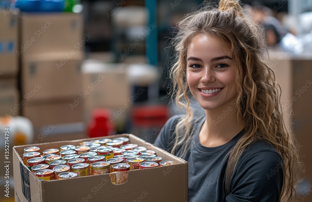 Fototapeta premium Young Woman Holding Box of Cans at Food Bank, Giving Back to the Community During Relief Work