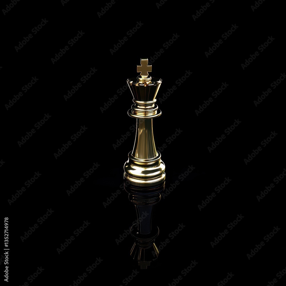 A golden chess king stands alone on a black reflective surface A golden chess king stands alone on a black reflective surface