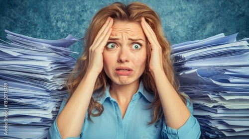 Woman Stressed by Mountain of Paperwork in Office Environment