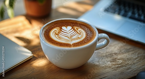 Latte Art on Coffee Enhances Cozy Workspace Aesthetics in a Warm Setting