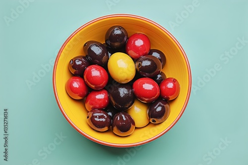 Colorful Centerpiece Featuring Decorative Fruits in a Vibrant Bowl on a Teal ...