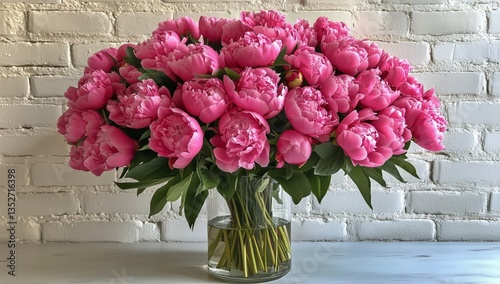 Bright Pink Peonies in a Glass Vase on a Rustic Wooden Table Against a Brick ...