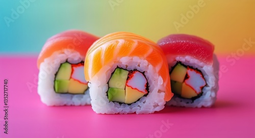 Sushi Roll With Vibrant Ingredients Showcasing Fresh Fish and Avocado on a Cl...