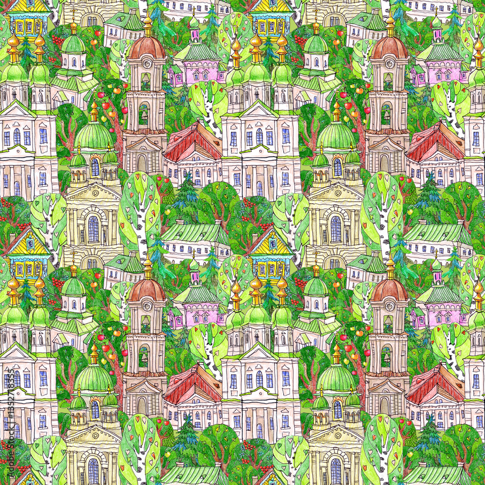 Obraz premium Seamless pattern of fairy tale monastery churches, houses and trees. Hand drawn colored pencils sketches