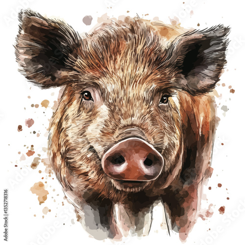 A watercolor vector painting of a boar, isolated on a white background. Boar vector.

