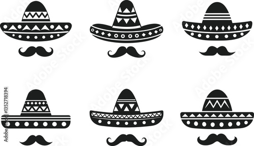 Set of Mexican Sombrero and Mustache Vector Icons – Traditional Cultural Symbols