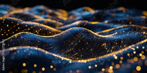 Abstract depiction of a wavy surface with sparkling light particles