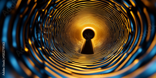 A mesmerizing abstract design showcasing a luminous keyhole surrounded by a vibrant blue tunnel, evoking a sense of mystery and exploration in a surreal atmosphere.