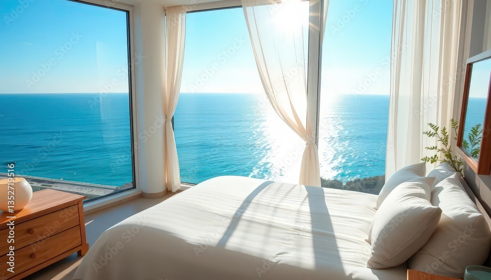 Fototapeta premium Sun-drenched bedroom, ocean view, calming blue tones, bright, stock