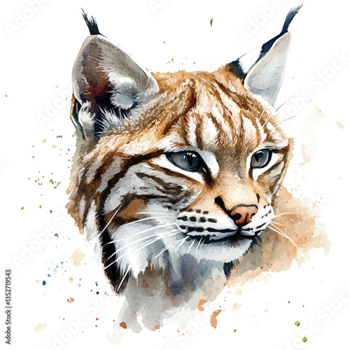 A watercolor vector painting of a bobcat, isolated on a white background. Bobcat vector.

