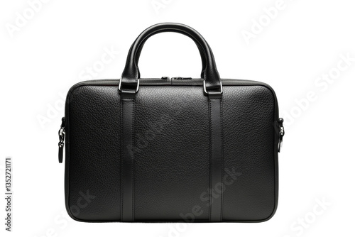 Sleek black leather briefcase with handles and zipper on black background, cut out