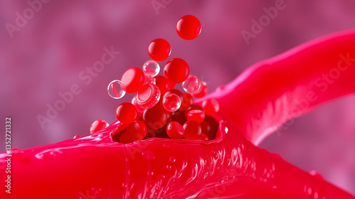 Platelet adhesion to a damaged blood vessel, showing the process of clot formation at the microscopic level