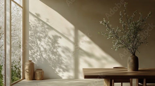 Elegant Interior Design With Vases and Blooming Branches in Soft Light