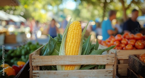 Fresh Corn Displayed at a Lively Farmers Market in the Summer Afternoon