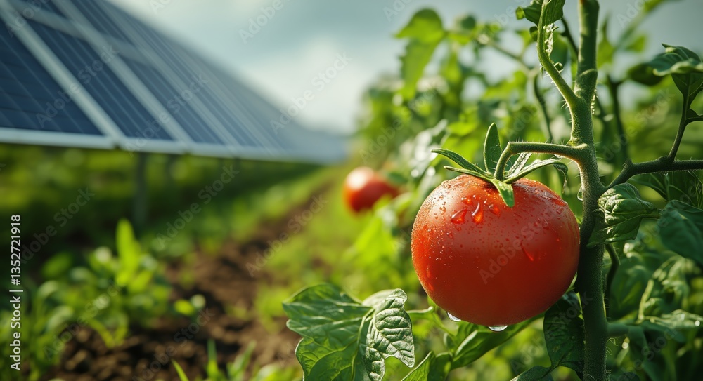 Red Tomato Growing in a Vibrant Field Beneath Solar Panels at Sunset